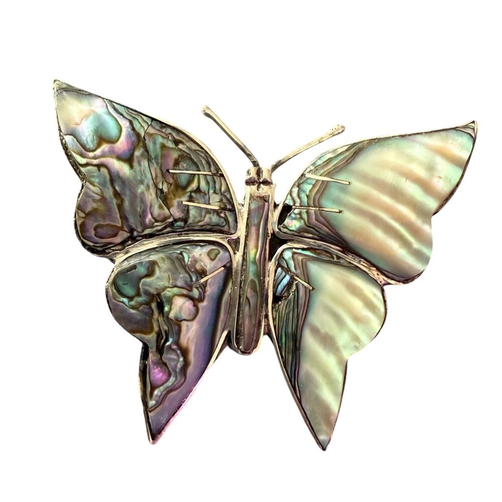 925 Sterling Silver Abalone Mexico Butterfly Pin Brooch VINTAGE